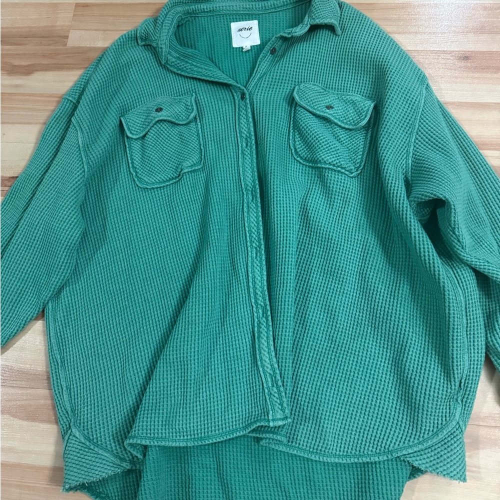 Aerie Green Waffle Knit Button-Up Top